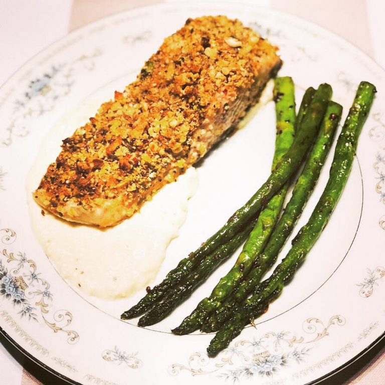 Dukkah crusted Salmon with Cauliflower Puree The Greek Vegetarian
